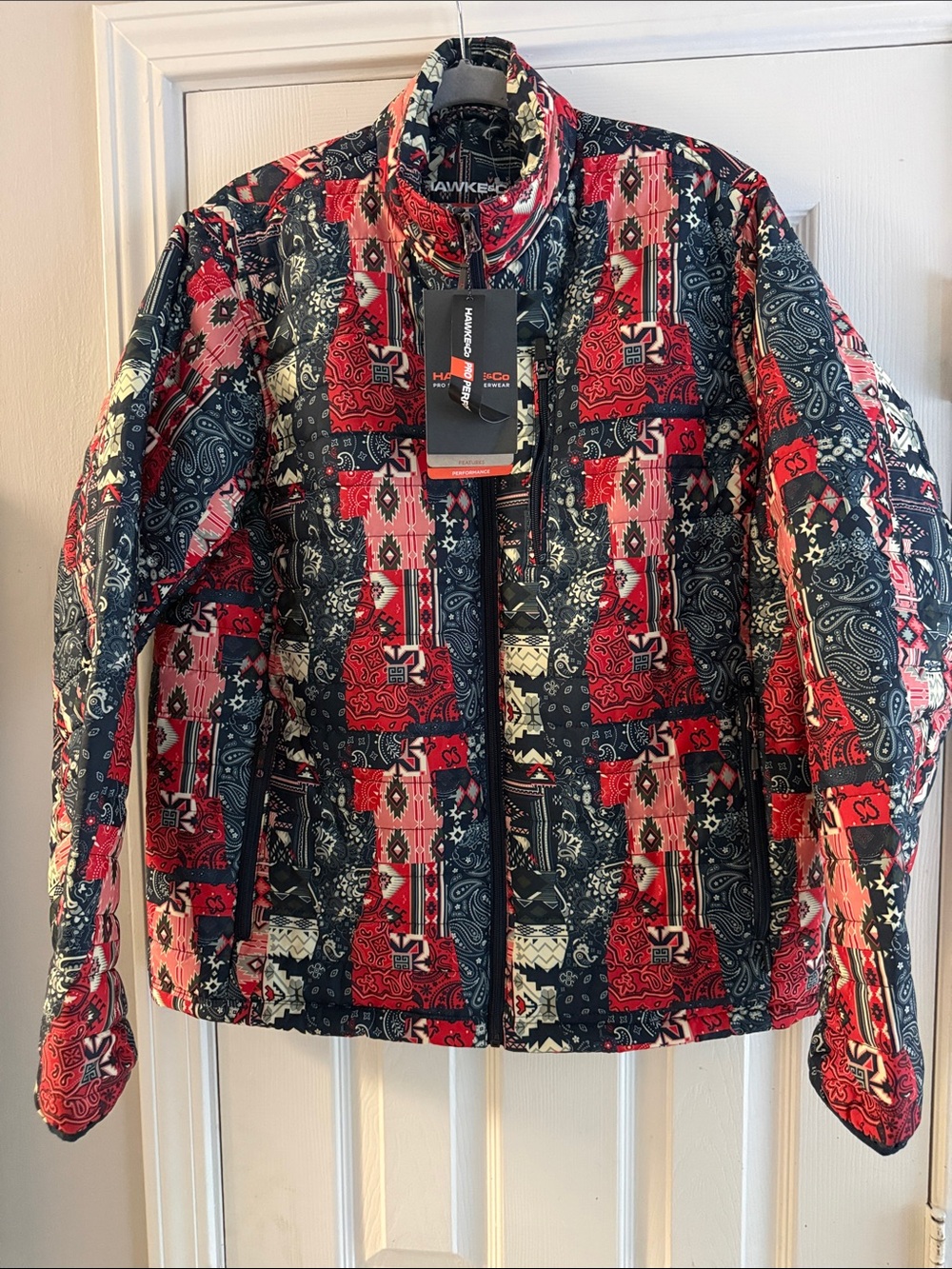 NWT Hawke & Co Quilted Patchwork Puffer Jacket in Red, Navy & Cream